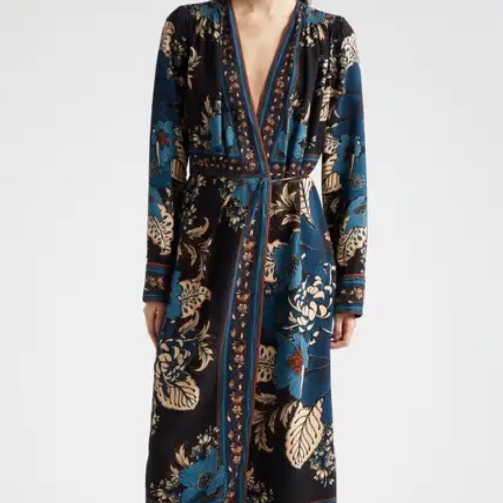 Farm Rio Blossom Tapestry Long Sleeve Wrap Dress